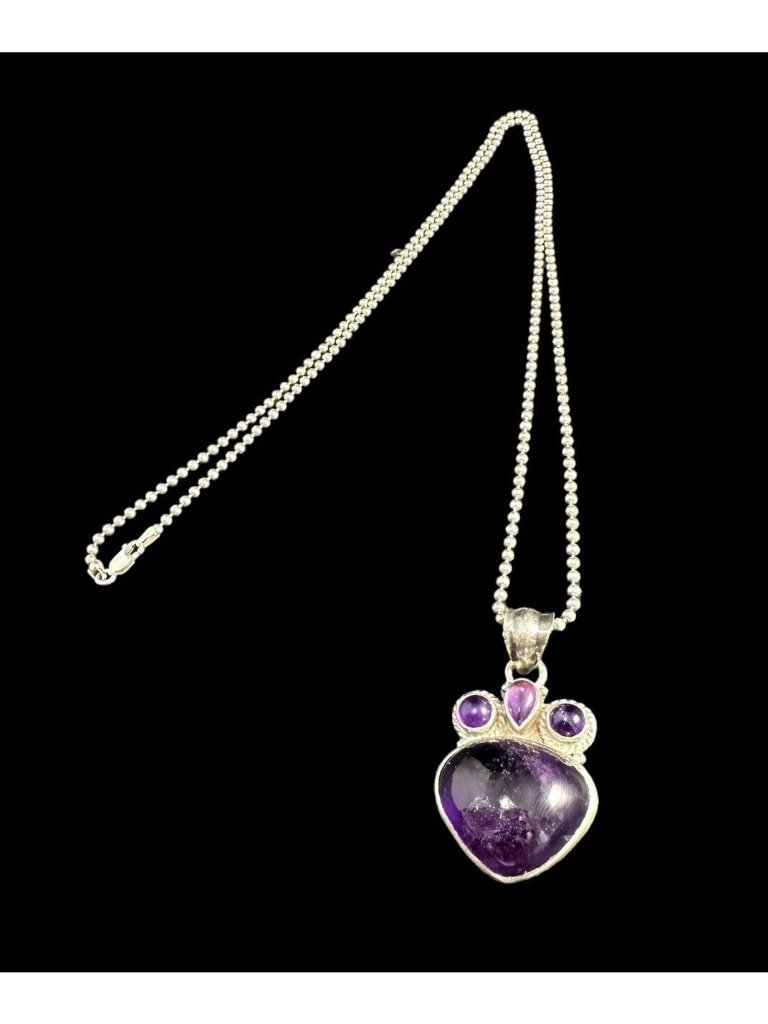 Sterling Silver Amethyst Modernist Pendant 925 Italy Round Ball Long Chain